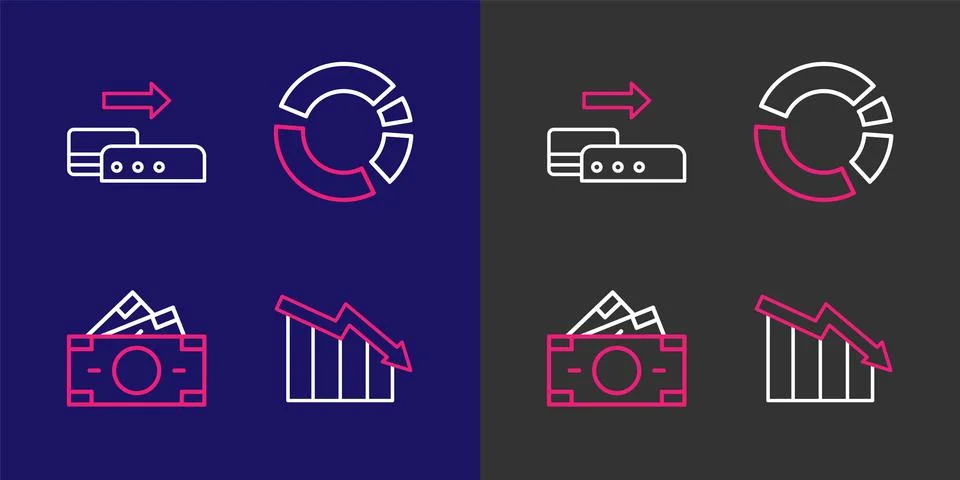Set line Financial growth decrease, Stacks paper money cash, Pie chart info.. 库存插图