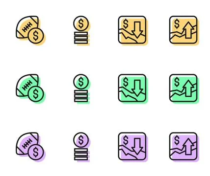 Set line Financial growth decrease, American football betting money, Casino.. Stock Illustration