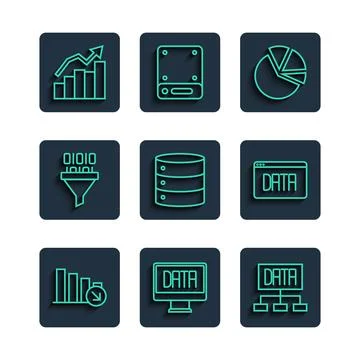 Set line Financial growth decrease, Data analysis, Pie chart infographic, S.. Illustrazione stock