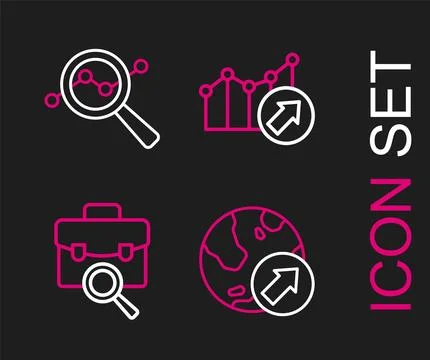 Set line Financial growth, Work search,  and Search data analysis icon. Vecto Stock-Illustration