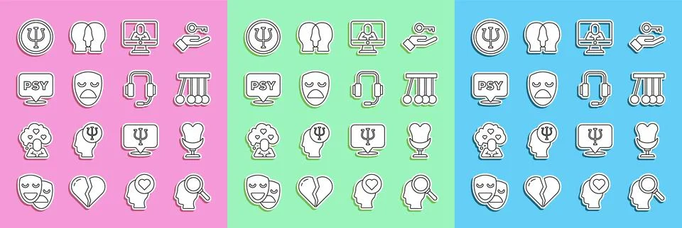 Set line Finding a problem, Armchair, Pendulum, Psychologist online, Drama Stock Illustration