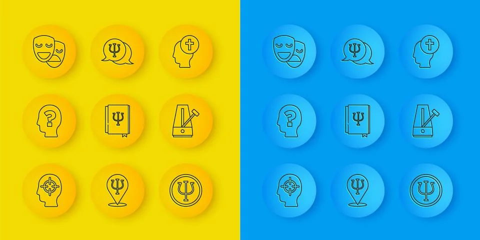 Set line Finding a problem Head with question mark Psychology book Psi Psycho Stock Illustration