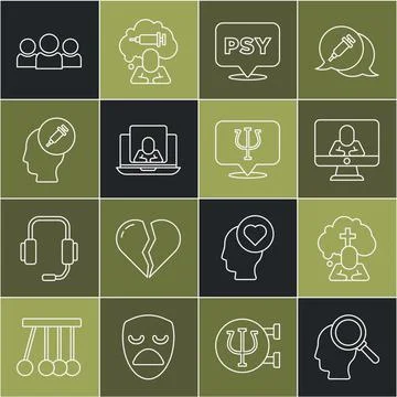 Set line Finding a problem, Man graves funeral sorrow, Psychologist online Illustrazione stock