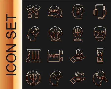 Set line Finding a problem, Old hourglass, Drama theatrical mask, Head with.. Illustrazione stock