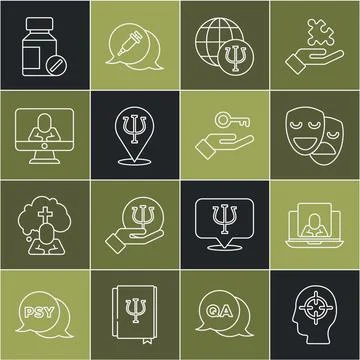 Set line Finding a problem, Psychologist online, Comedy and tragedy masks Illustrazione stock