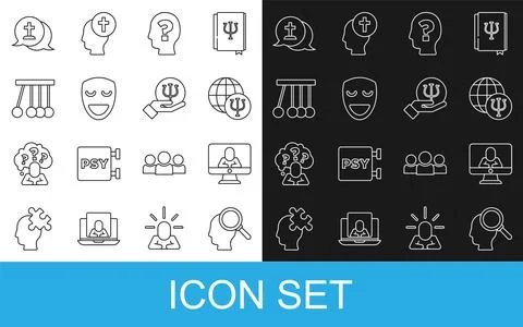 Set line Finding a problem, Psychologist online, Psychology, Psi, Head with Illustrazione stock