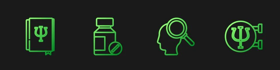 Set line Finding a problem, Psychology book, Psi, Sedative pills and Psychology Stock Illustration