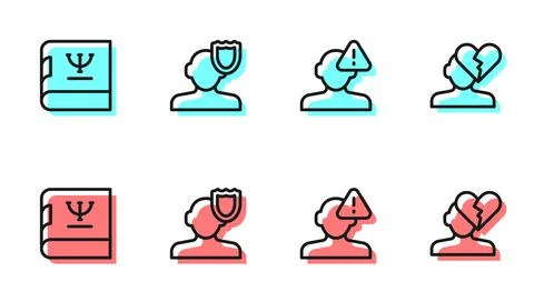 Set line Finding a problem in psychology, Psychology book, and Broken heart or Stock Illustration