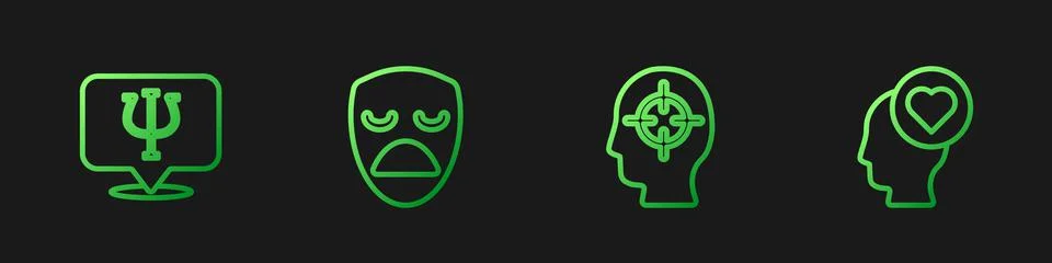 Set line Finding a problem, Psychology, Psi, Drama theatrical mask and Broken Illustrazione stock