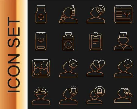 Set line Finding a problem in psychology, Sad and depressed man, bad mood, Ma Illustrazione stock