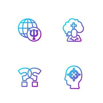 Set line Finding a problem, Question mark, Psychology, Psi and Man graves Illustrazione stock