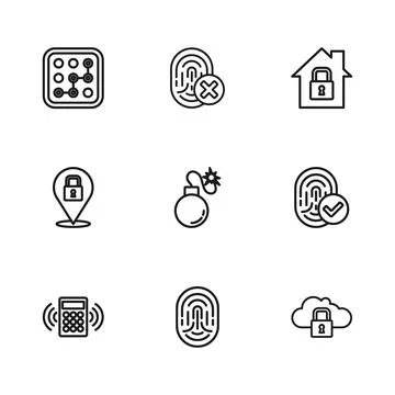 Set line Fingerprint, Cloud computing lock, Bomb, House under protection, G.. Stock Illustration