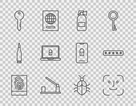 Set line Fingerprint, Face recognition, Fire extinguisher, Parking car barr.. Illustrazione stock
