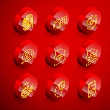 Set line Fingerprint, Firewall, security wall, Shield and eye, Cyber, House with Stock Illustration
