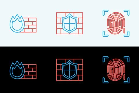 Set line Fingerprint, Firewall, security wall and Shield with brick icon. V.. Stock Illustration