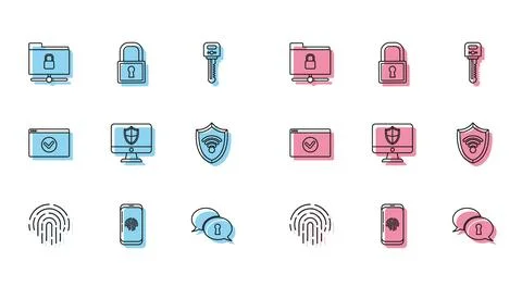 Set line Fingerprint, FTP folder and lock, Protection of personal data, Com.. Stockillustratie