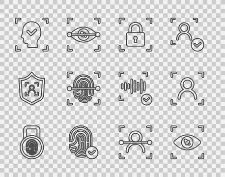 Set line Fingerprint with lock, Eye scan, Face recognition,  and  icon. Vecto Stock Illustration