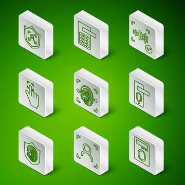 Set line Fingerprint with lock, Face recognition, Shield face, Digital door,  Illustration