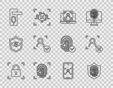 Set line Fingerprint with lock, shield, Laptop face recognition, door, Face.. Illustration