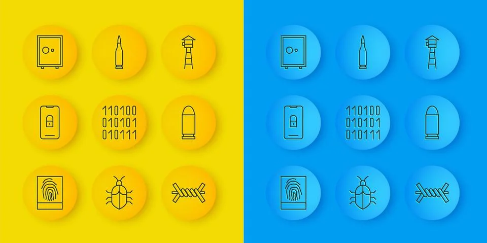Set line Fingerprint, Mobile with closed padlock, Binary code, Barbed wire Stock Illustration