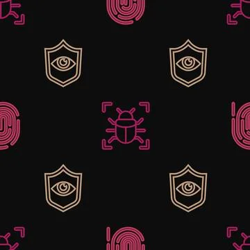 Set line Fingerprint, Shield and eye and System bug on seamless pattern. Vector Illustrazione stock