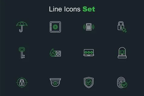 Set line Fingerprint Shield with check mark Security camera Lock Ringing alar Stock Illustration