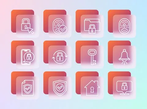 Set line Fingerprint, Shield with check mark, Old key, House under protecti.. Stock Illustration