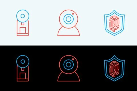 Set line Fingerprint, Smart coffee machine and Web camera icon. Vector Stock Illustration