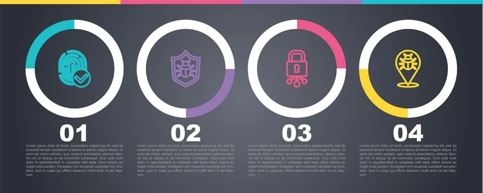 Set line Fingerprint, System bug, Cyber security and . Business infographic Illustrazione stock