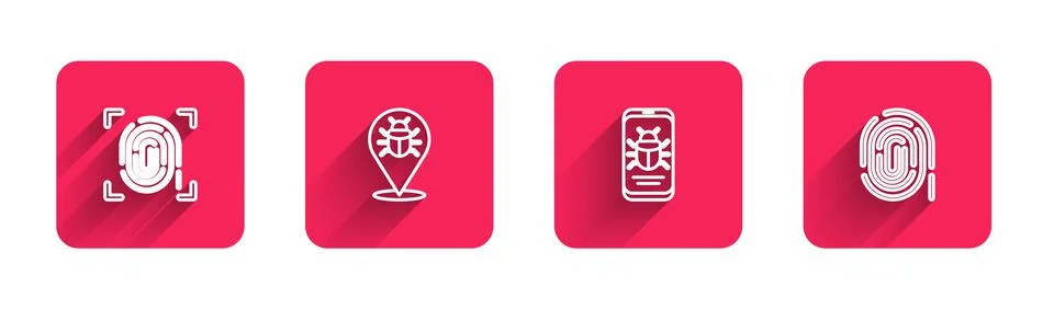 Set line Fingerprint, System bug, on mobile and with long shadow. Red square Stock Illustration