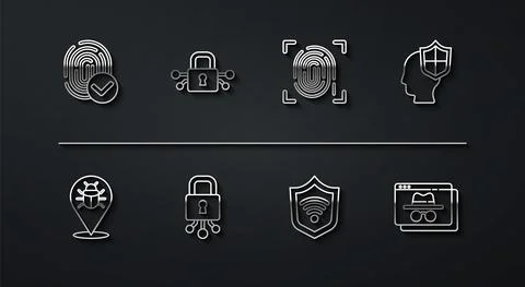 Set line Fingerprint, System bug, Head with shield, Shield WiFi wireless, Cyber Stock Illustration