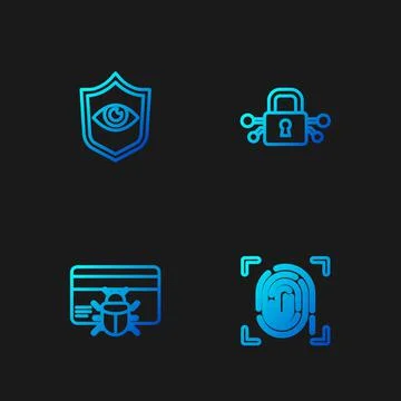 Set line Fingerprint, System bug credit card, Shield and eye and Cyber securi Stock Illustration