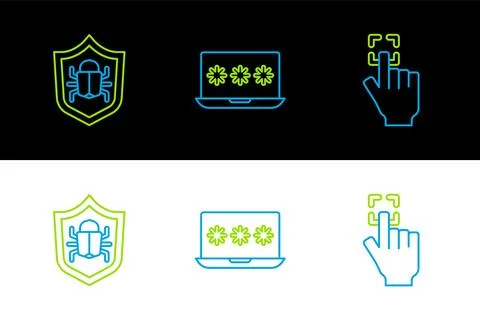 Set line Fingerprint, System bug and Laptop with password icon. Vector Stock-Illustration