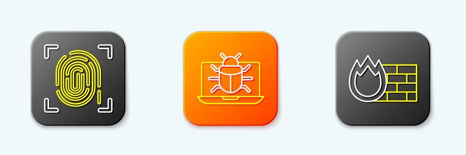 Set line Fingerprint, System bug on monitor and Firewall, security wall ico.. Stock Illustration