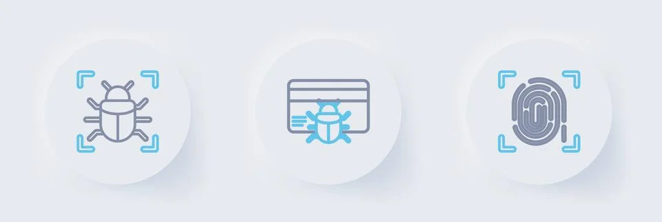 Set line Fingerprint, System bug credit card and  icon. Vector Stock Illustration