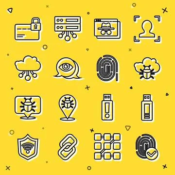Set line Fingerprint, USB flash drive, System bug on cloud, Browser incognito Stock Illustration
