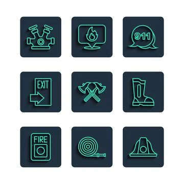 Set line Fire alarm system, hose reel, Firefighter helmet, Emergency call 911 Illustration