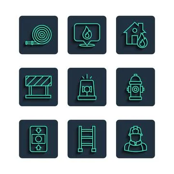Set line Fire alarm system, escape, Firefighter, in burning house, Flasher siren Ilustración de archivo