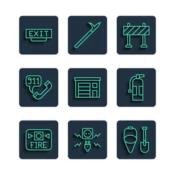 Set line Fire alarm system, Electricity spark, shovel and bucket, Road barrie Ilustración de archivo