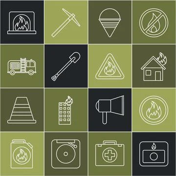 Set line Fire alarm system, flame, in burning house, cone bucket, shovel, tru Illustration
