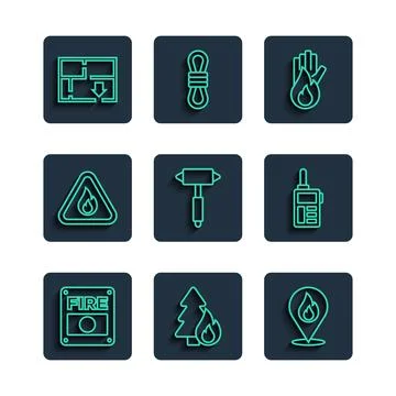 Set line Fire alarm system, Burning forest tree, Location with fire flame, No Stock Illustration