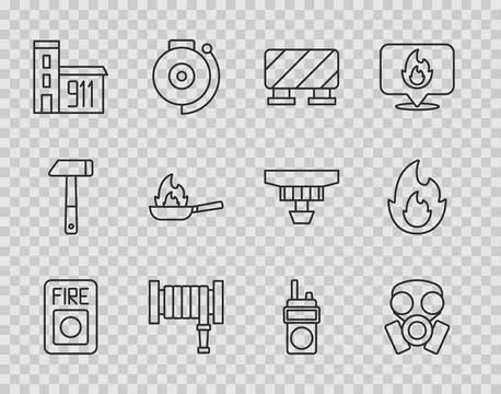 Set line Fire alarm system, Gas mask, Road barrier, hose reel, Building of .. Ilustración de archivo