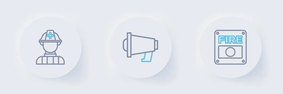 Set line Fire alarm system, Megaphone and Firefighter icon. Vector Stock Illustration