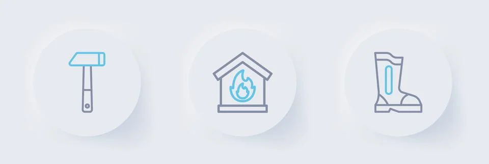 Set line Fire boots, in burning house and Hammer icon. Vector Stock Illustration
