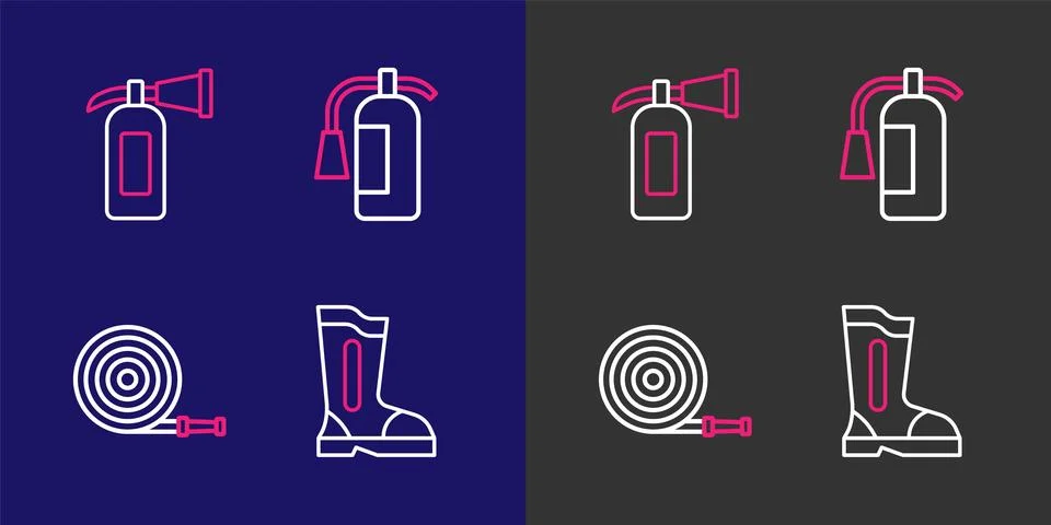 Set line Fire boots, hose reel, extinguisher and  icon. Vector Stock Illustration