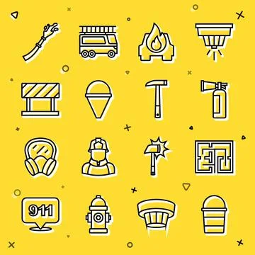 Set line Fire bucket, Evacuation plan, extinguisher, Burning car, cone, Road Illustration