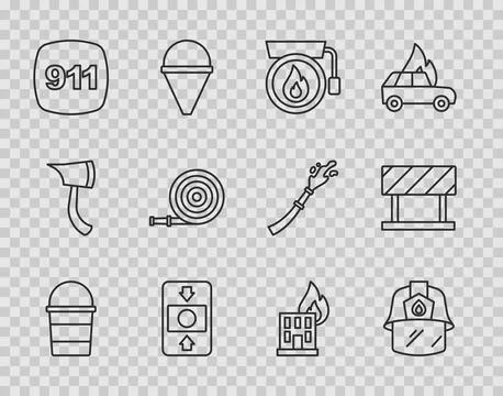 Set line Fire bucket, Firefighter helmet, Ringing alarm bell, system, Emergency Ilustración de archivo