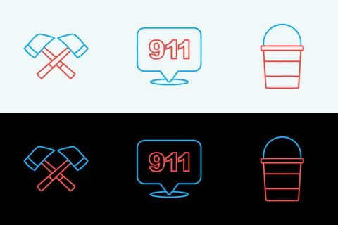 Set line Fire bucket, Firefighter axe and Emergency call 911 icon. Vector Stock Illustration