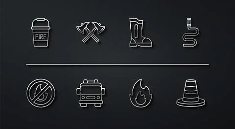 Set line Fire bucket, No fire, hose reel, flame, truck, Firefighter axe, Traffic Illustration
