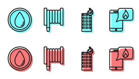 Set line Fire in burning building, Water drop, Fire hose reel and Phone with Ilustración de archivo